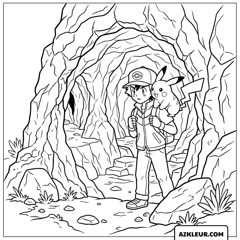Ash en Pikachu Verkennen de Grot Kleurplaat
