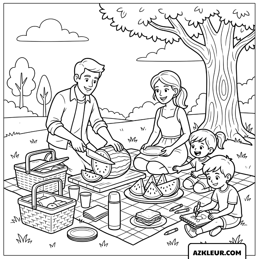 Familiepicknick met Watermeloen Kleurplaat