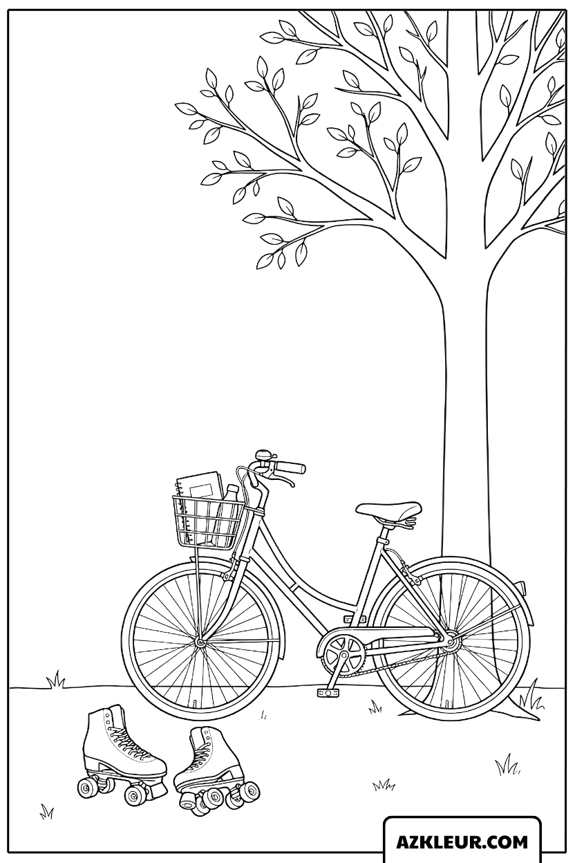 Fiets met bloemenmand en skeelers in de schaduw Kleurplaat