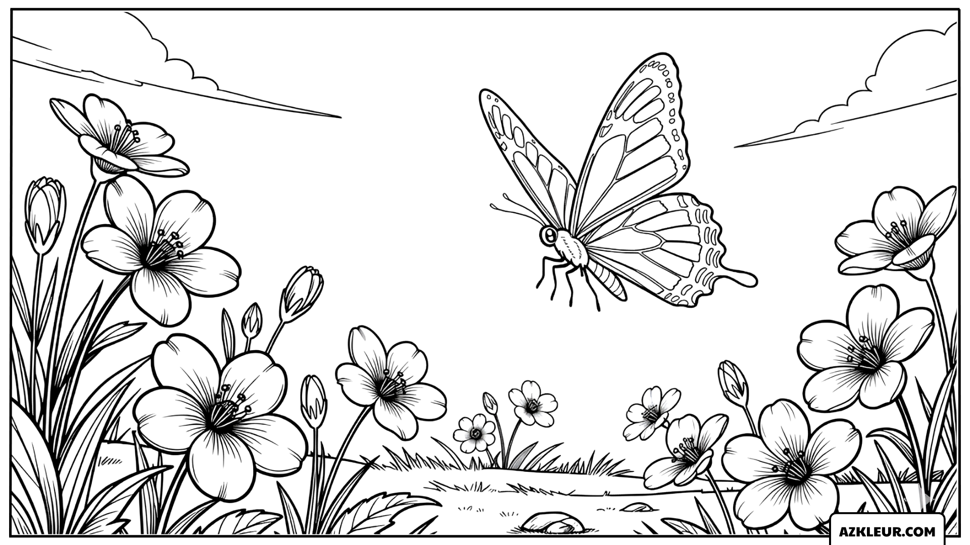 Grote Vlinder boven de Bloemen Kleurplaat