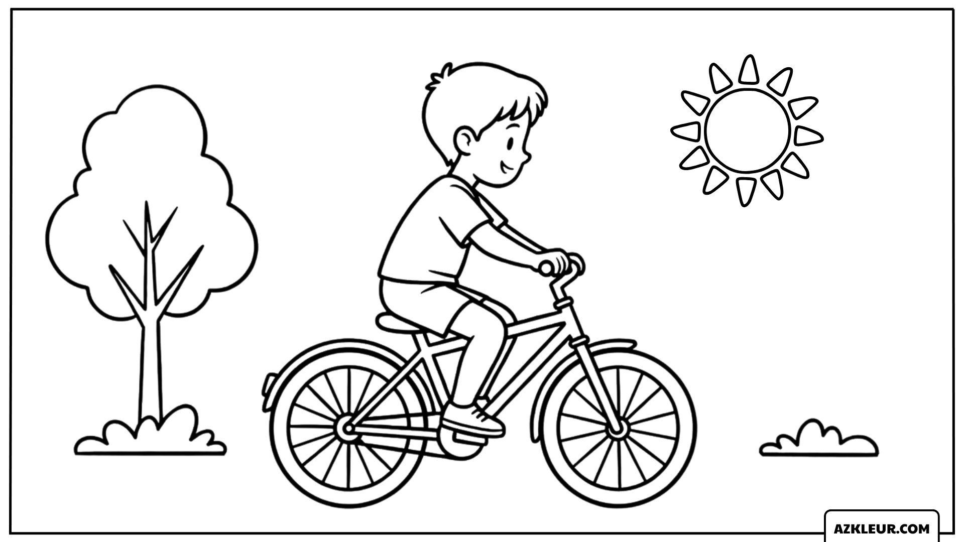 Jongen fietst in de zon Kleurplaat