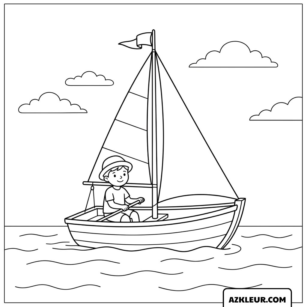 Jongen zeilt met een kleine zeilboot Kleurplaat