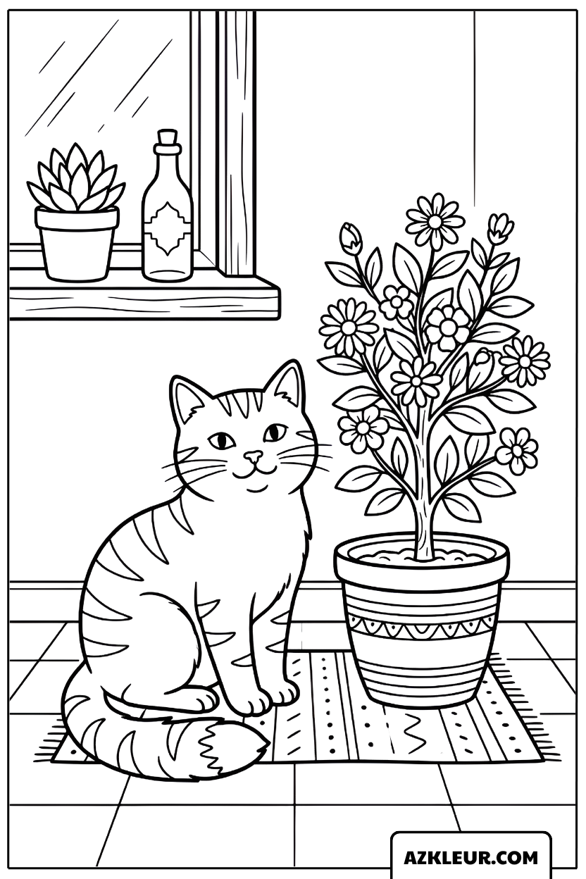 Kat bij de Kamerplant Kleurplaat