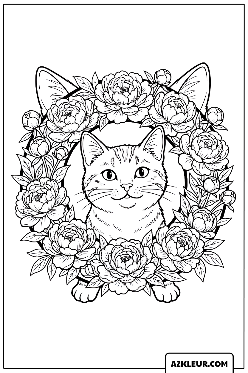 Kat in een Bloemenframe Kleurplaat