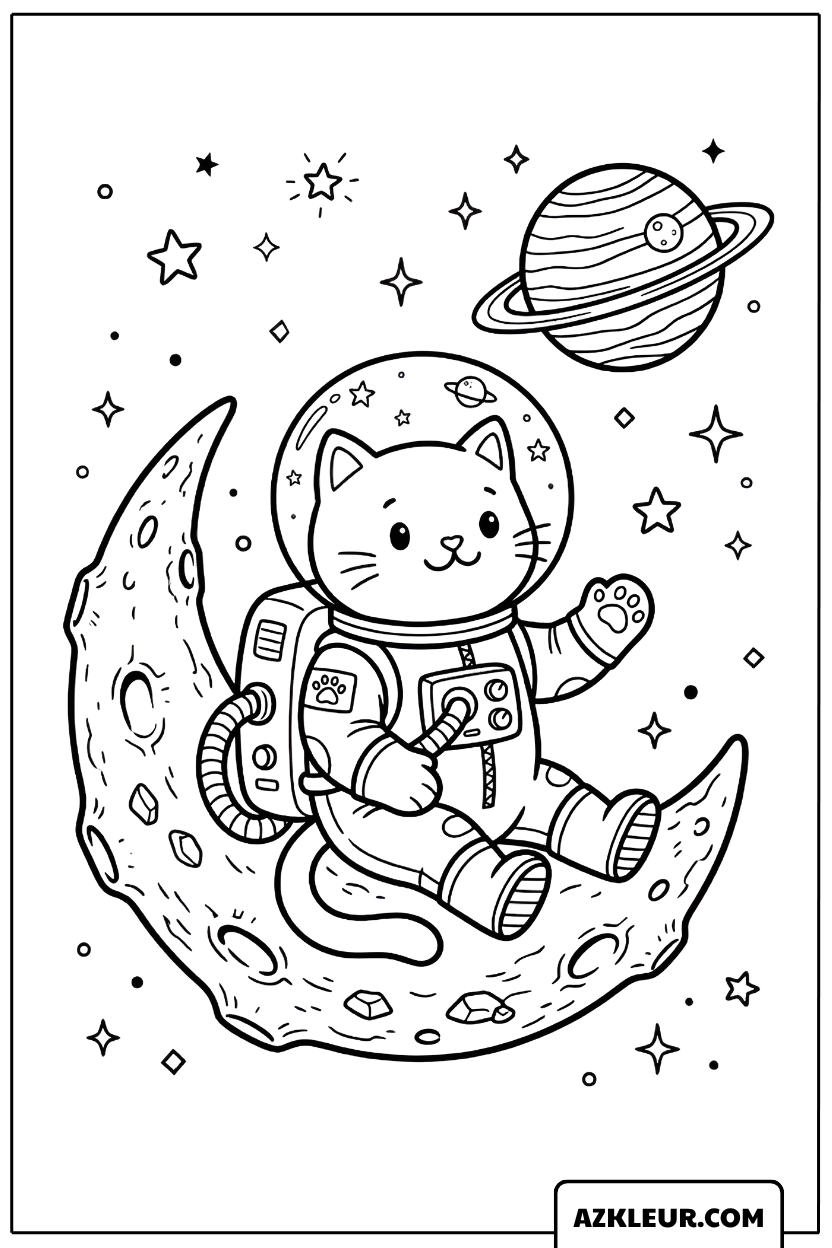 Katten-astronaut in de Ruimte Kleurplaat