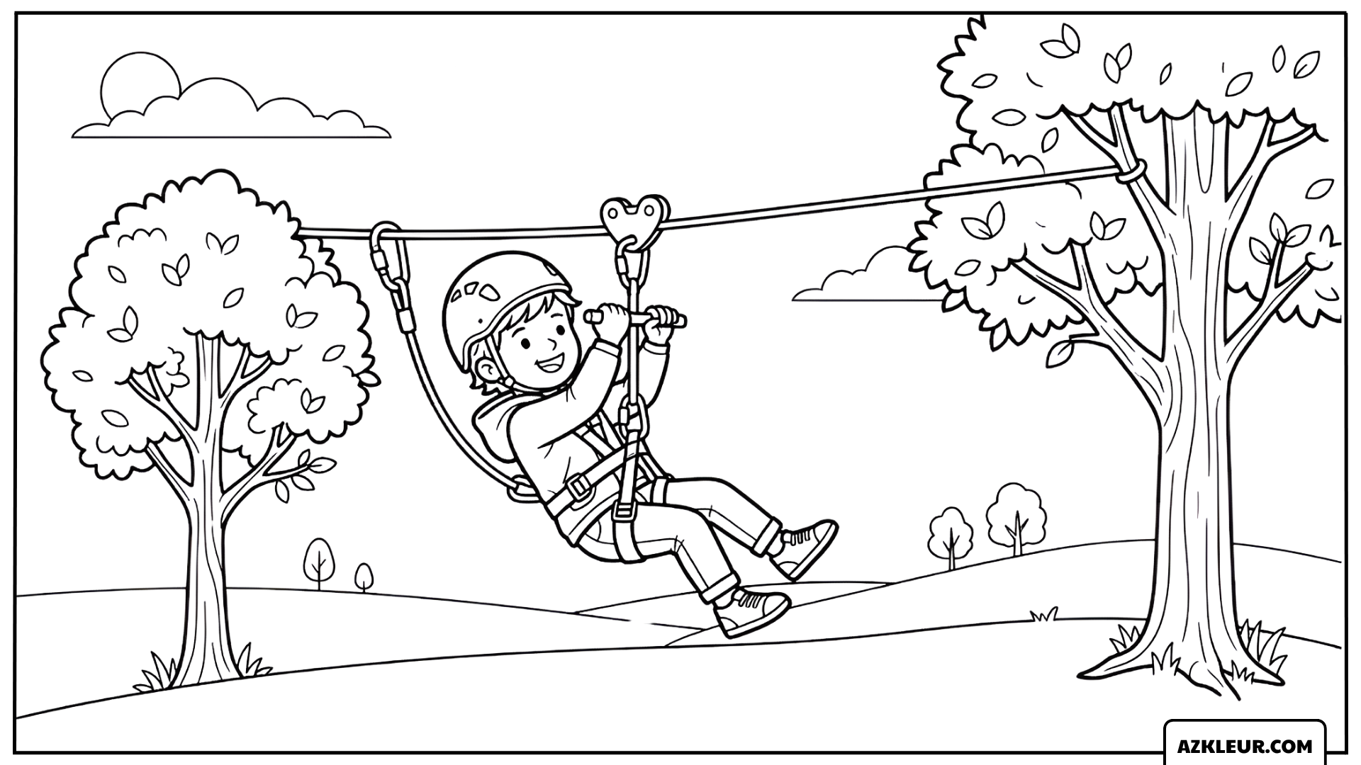 Kind beleeft een zipline-avontuur in het bos Kleurplaat