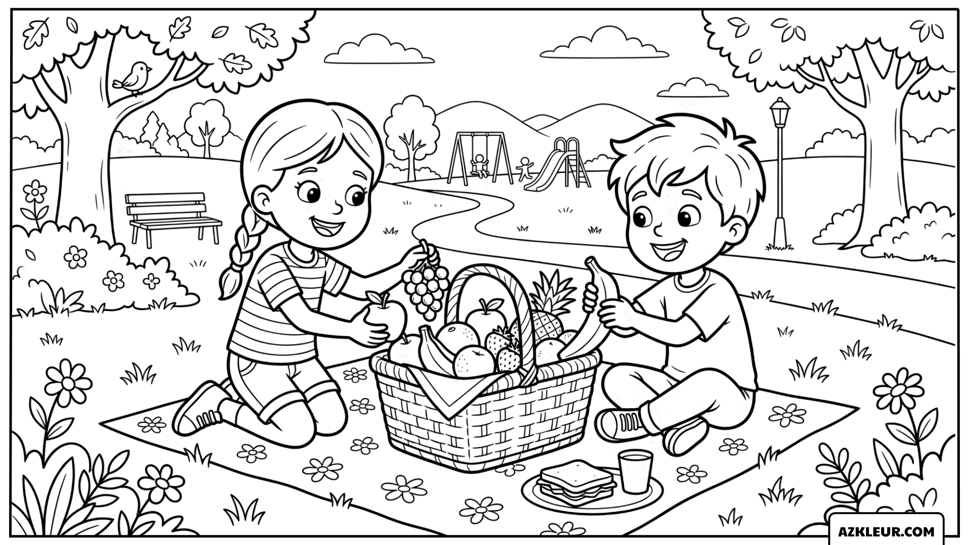 Kinderen Delen een Fruitmand Kleurplaat