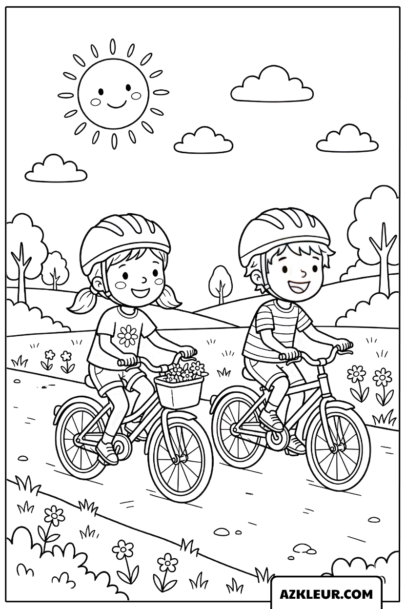 Kinderen fietsen door een bloemenveld Kleurplaat