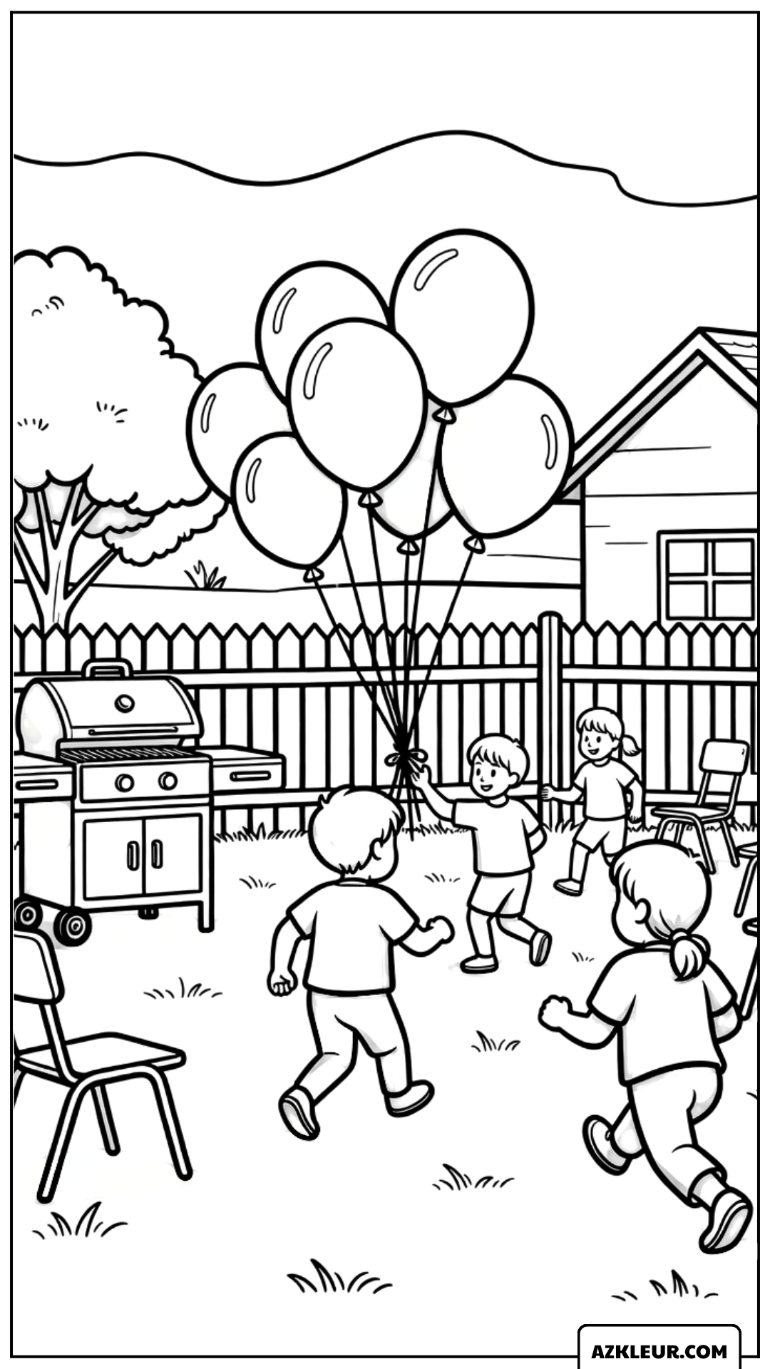 Kleurplaat van een Zomerfeest - Kinderen spelen met ballonnen in de tuin Kleurplaat