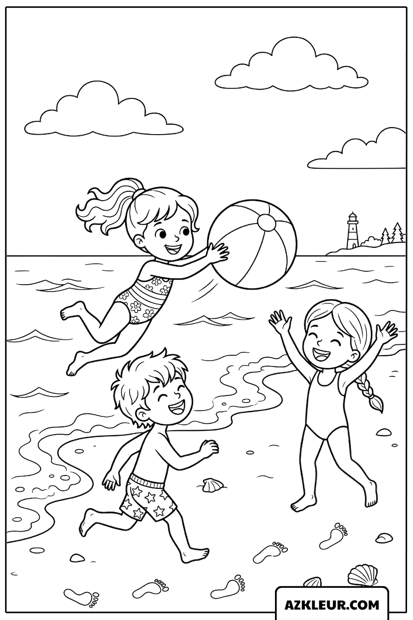 Kinderen spelen met een bal op het strand Kleurplaat