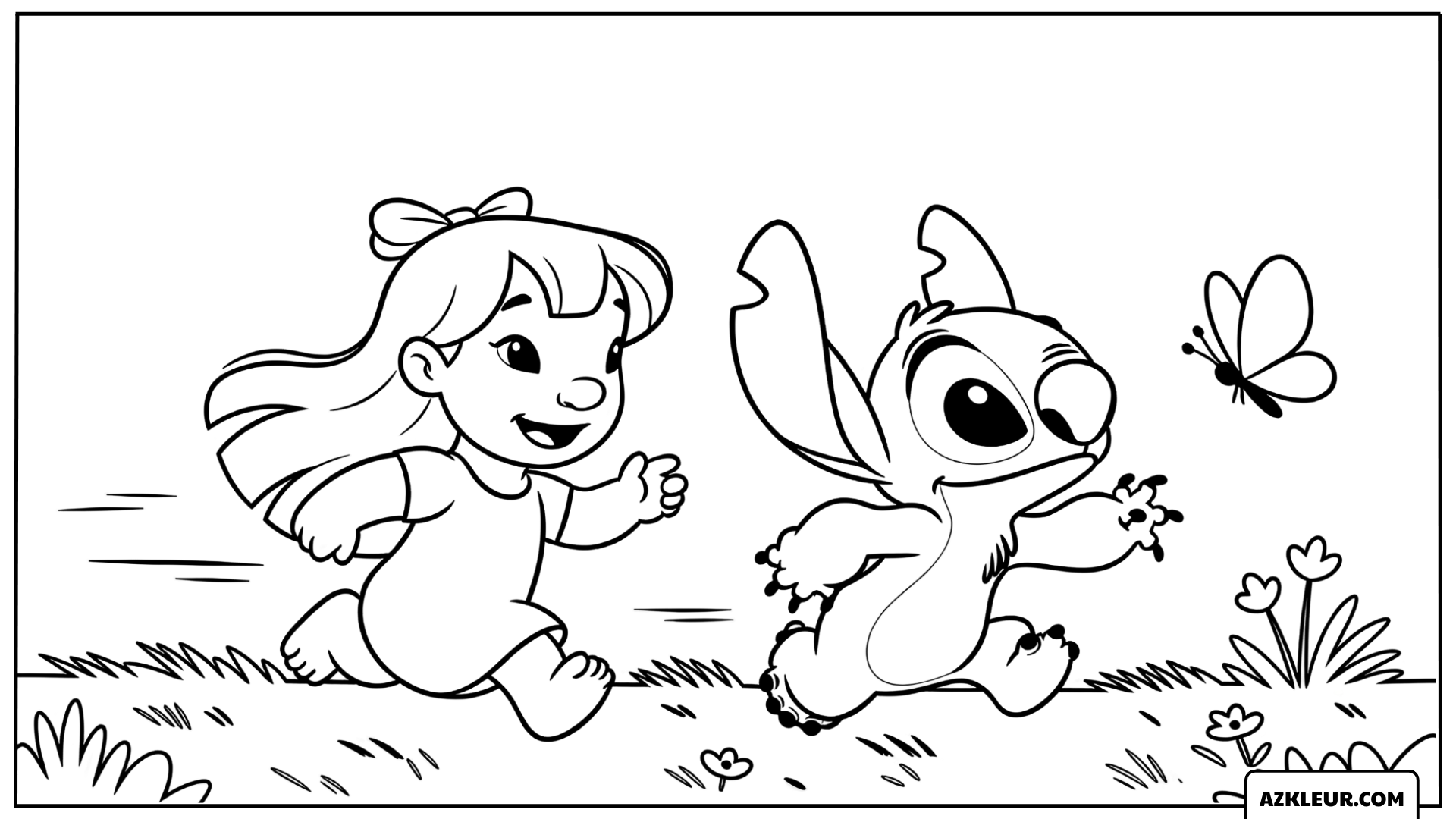 Kleurplaat van Lilo en Stitch die achter een vlinder aanrennen
