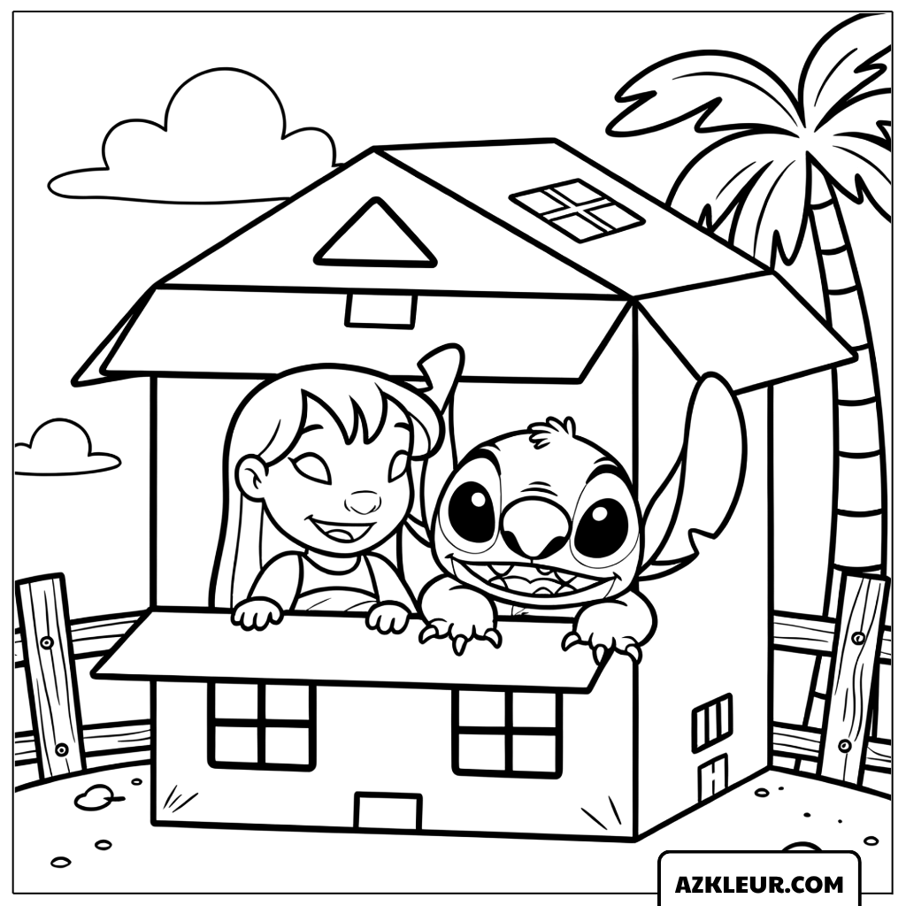 Kleurplaat van Lilo en Stitch in een kartonnen huis