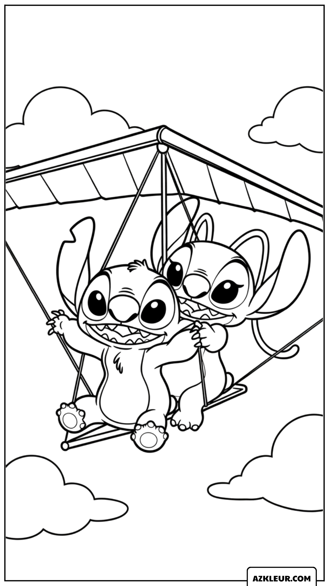 Kleurplaat van Stitch en Angel aan een deltavlieger