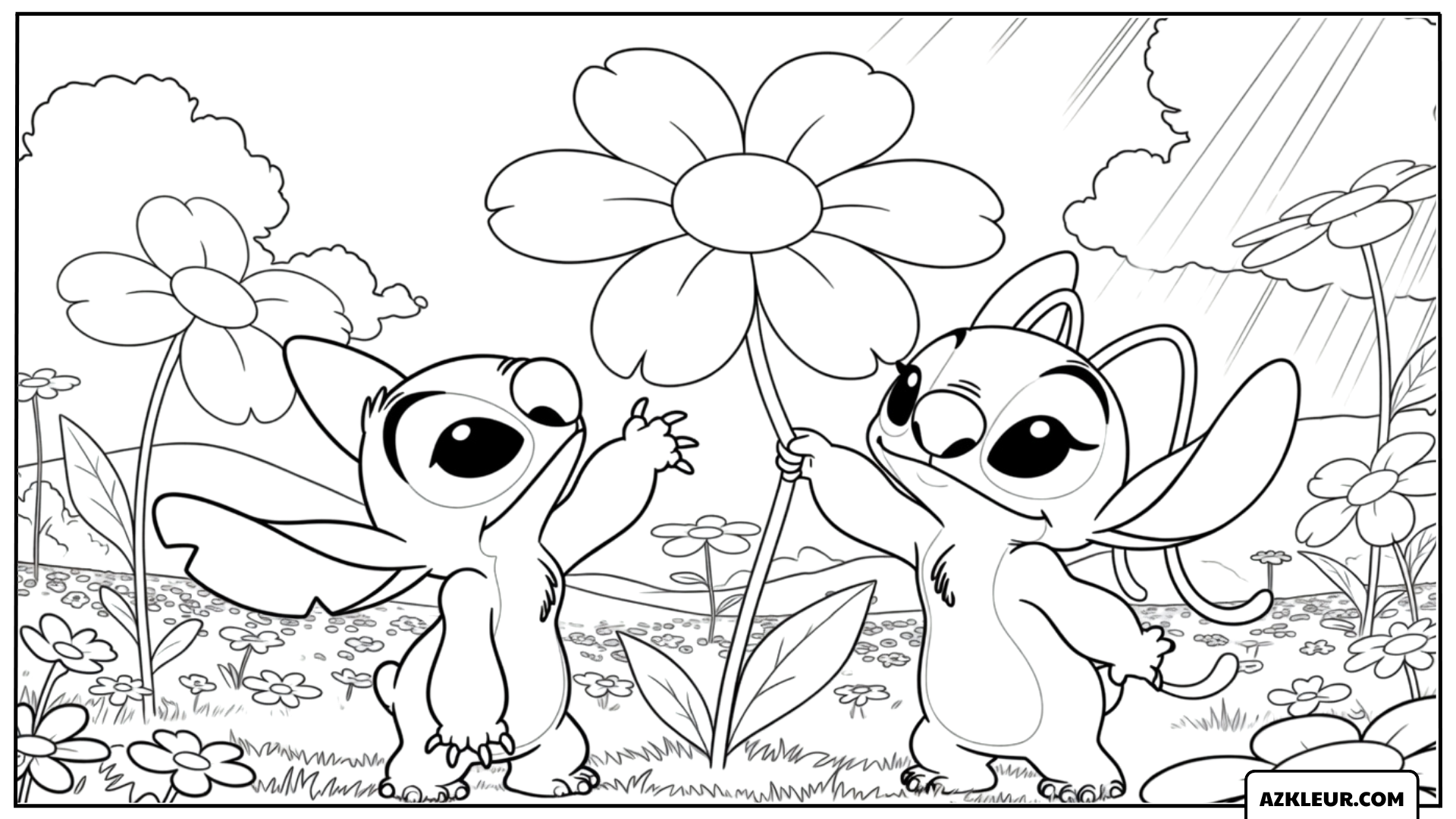 Kleurplaat van Stitch en Angel bij een reuzebloem