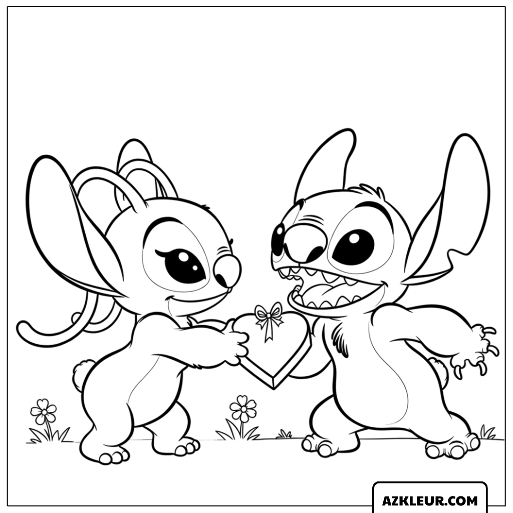 Kleurplaat van Stitch en Angel die een hartje vormen