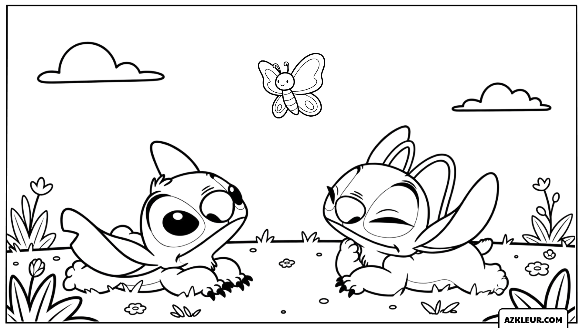 Kleurplaat van Stitch en Angel die naar een vlinder kijken