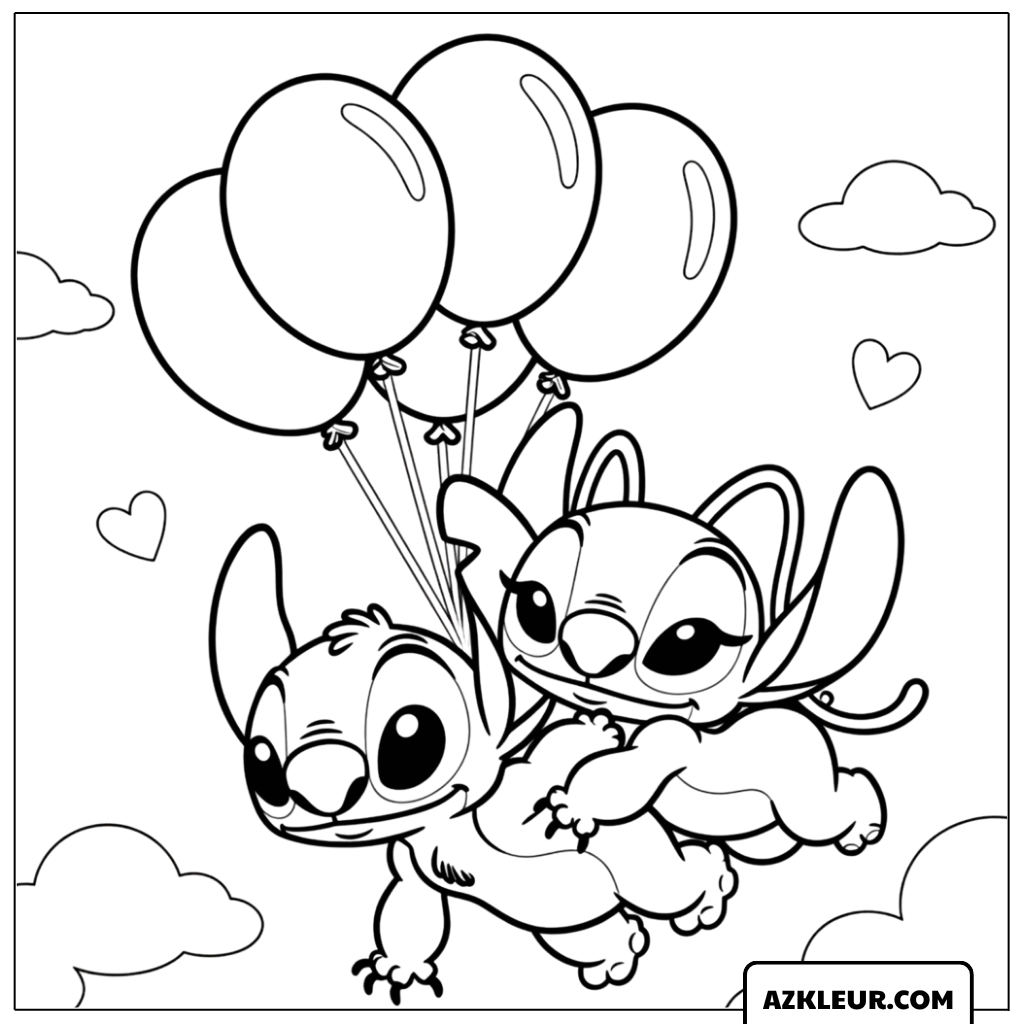 Kleurplaat van Stitch en Angel met ballonnen