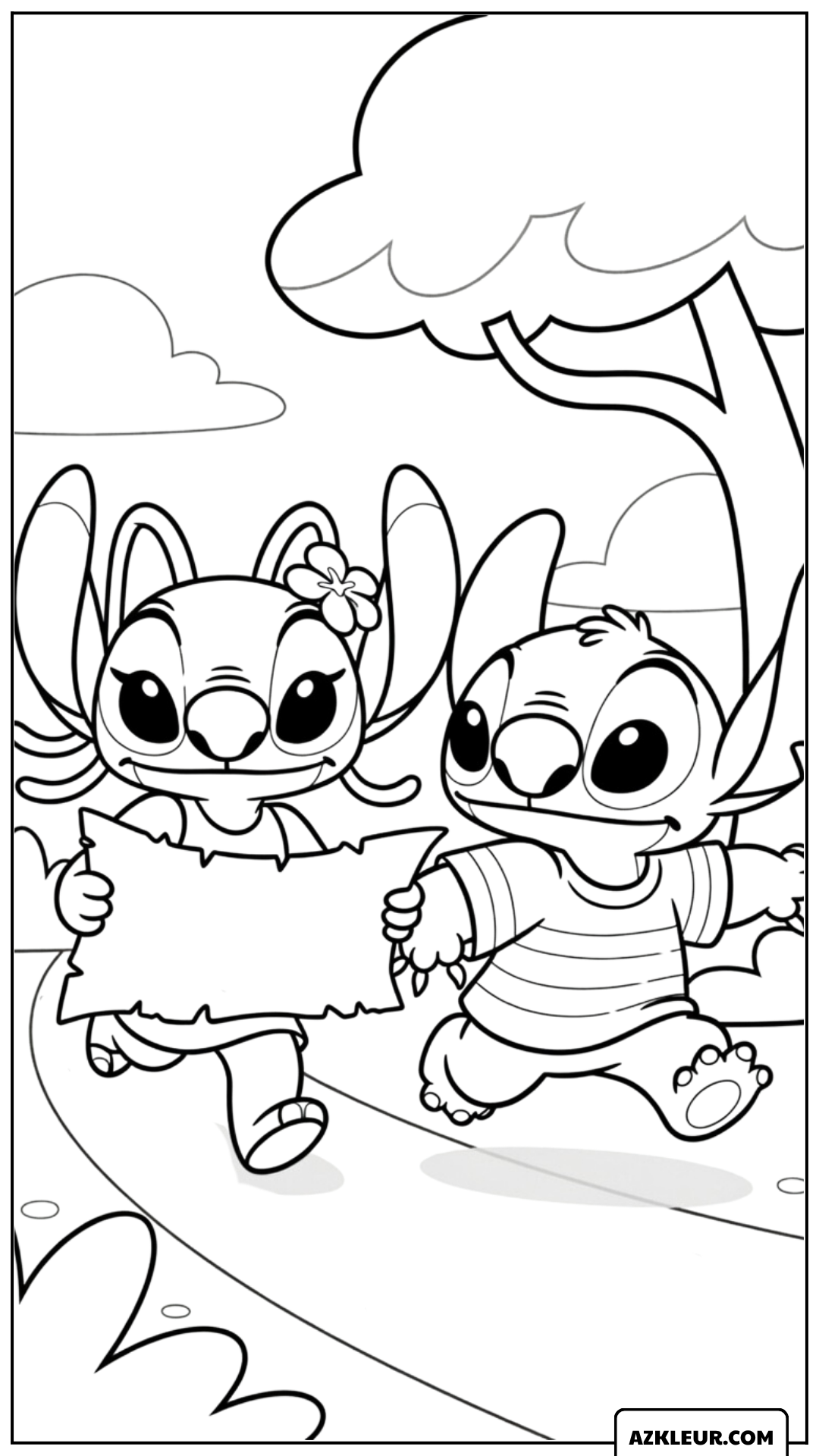 Kleurplaat van Stitch en Angel op pad