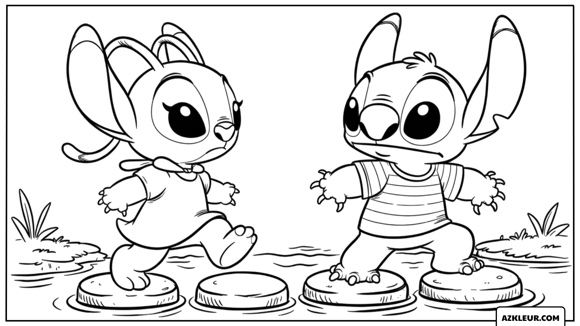 Kleurplaat van Stitch en Angel op stapstenen