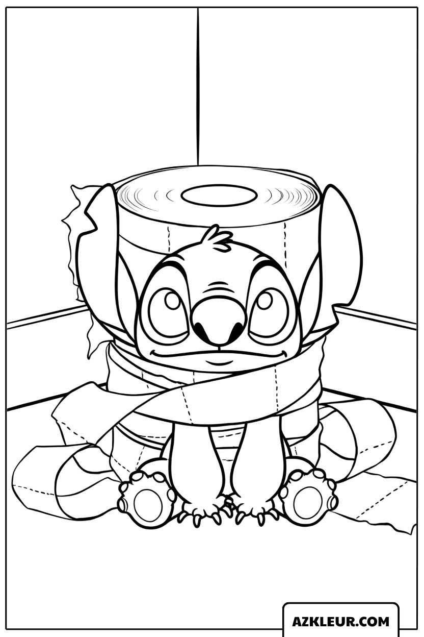 Kleurplaat van Stitch met een rol toiletpapier