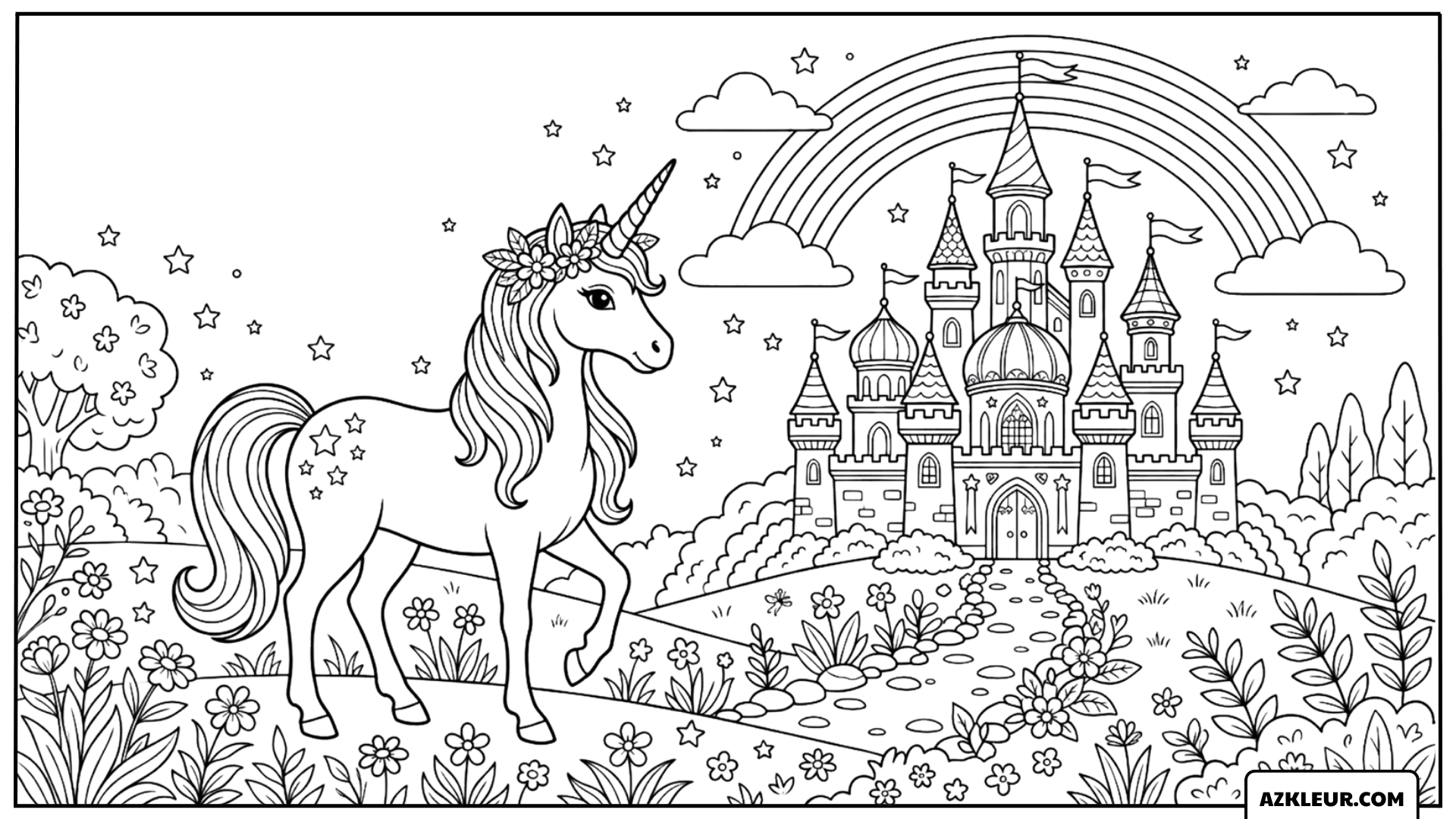 Kleurplaat van een eenhoorn voor een regenboogkasteel