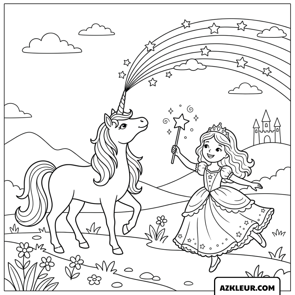 Kleurplaat van een magische prinses en een regenboog eenhoorn