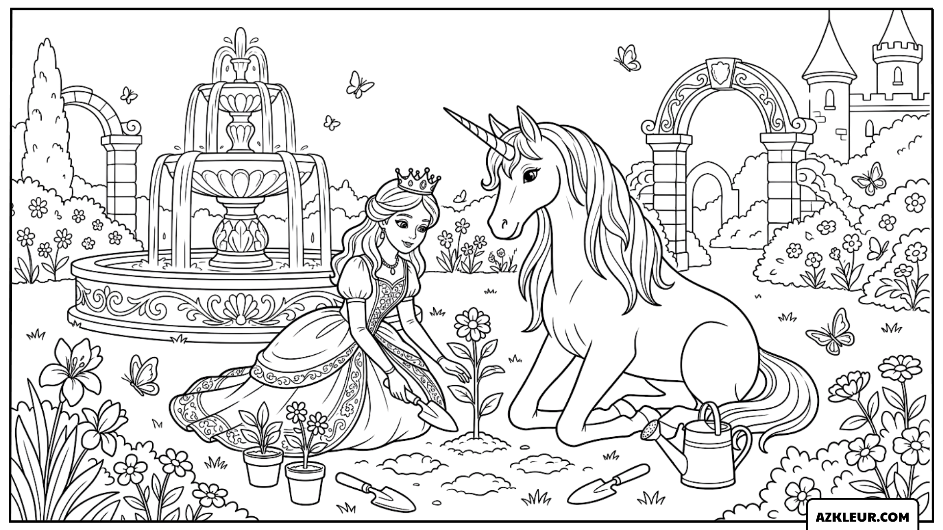 Kleurplaat van een prinses die bloemen plant met een eenhoorn in de tuin