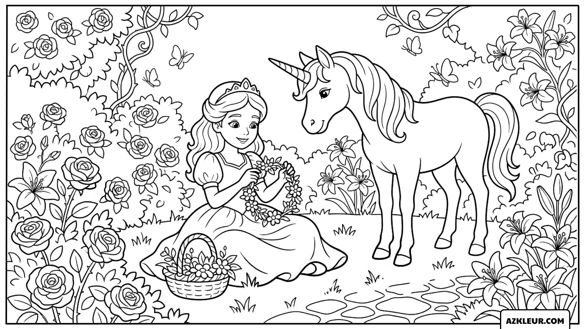 Kleurplaat van een prinses die een bloemenkrans maakt voor een eenhoorn in de rozentuin
