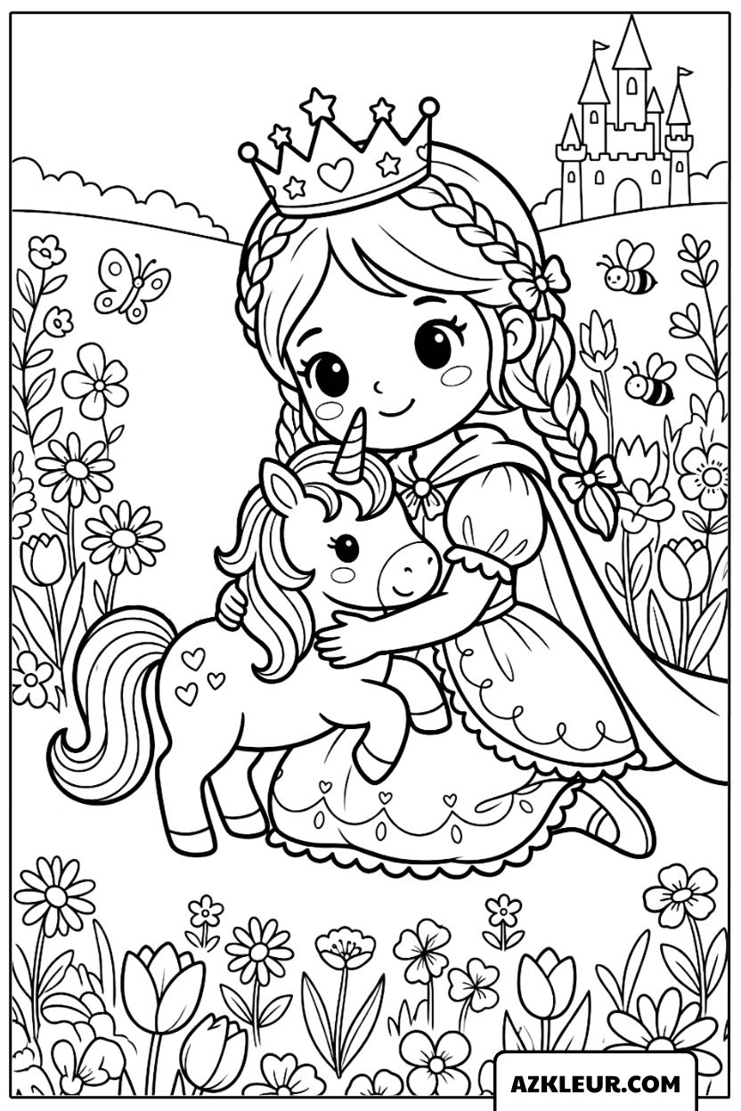Kleurplaat van een prinses die een eenhoorn knuffelt in de bloementuin