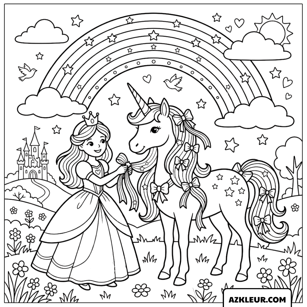 Kleurplaat van een prinses die een eenhoorn versiert onder de regenboog