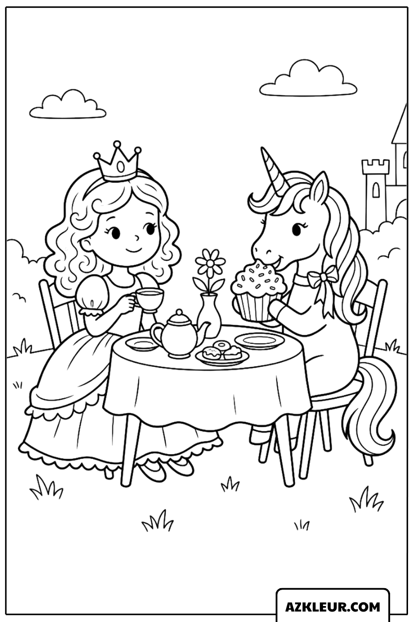 Kleurplaat van een prinses die thee drinkt met een eenhoorn