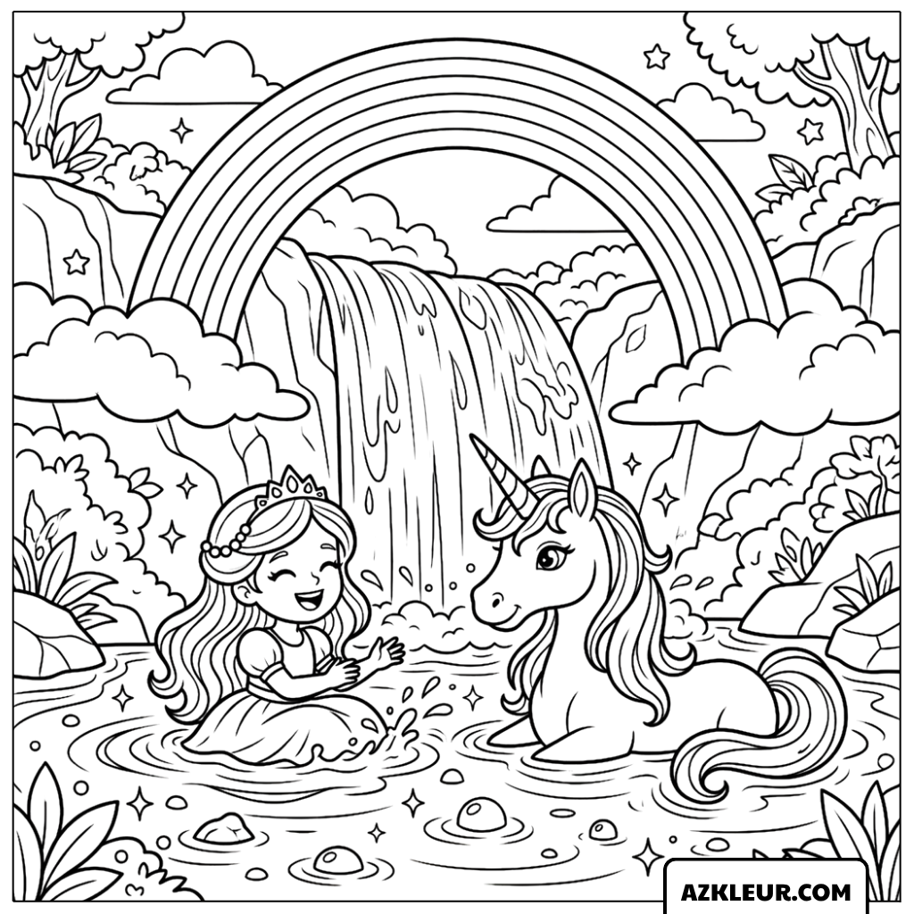 Kleurplaat van een prinses en een eenhoorn bij de waterval