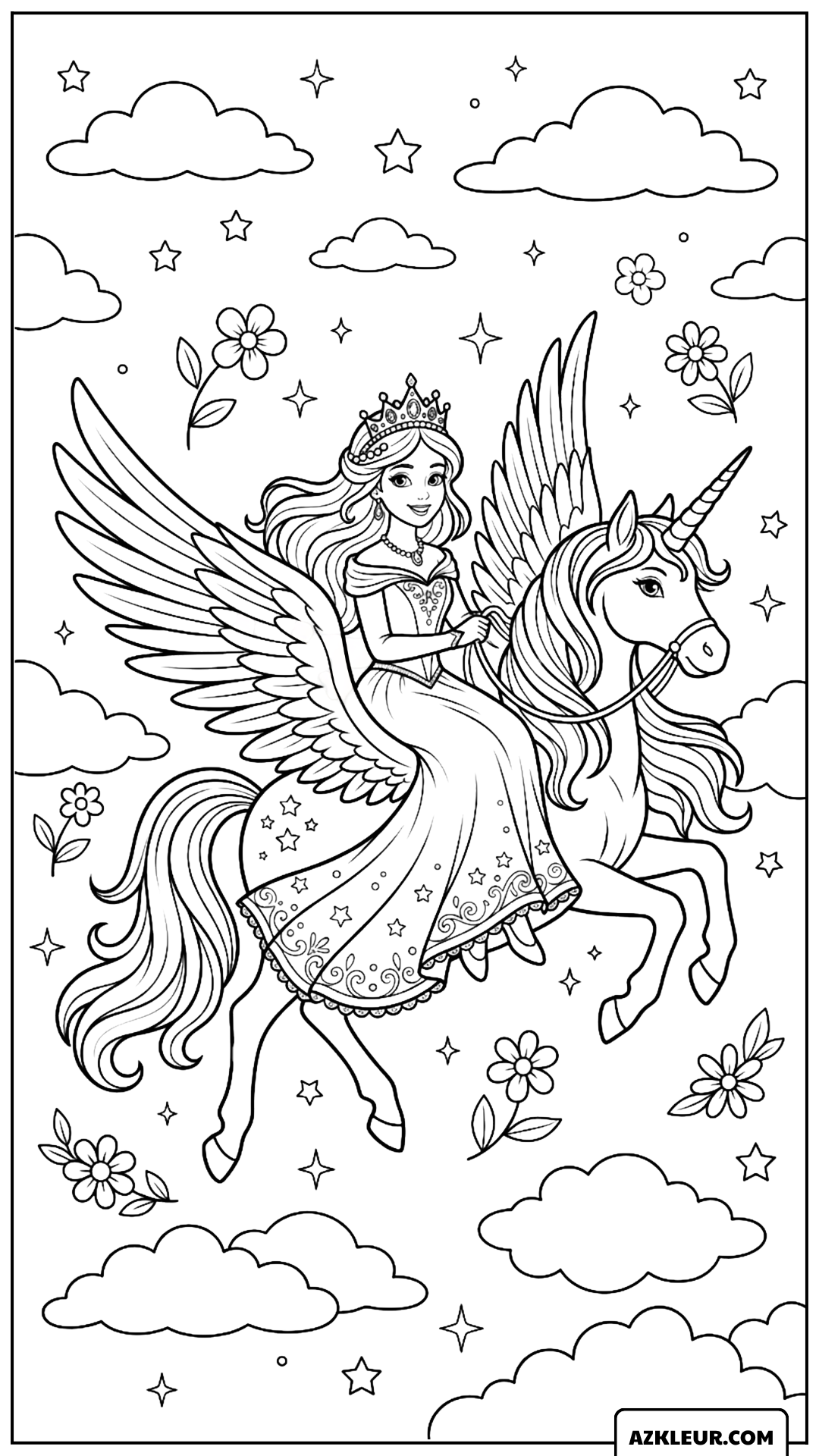 Kleurplaat van een prinses op een gevleugelde eenhoorn tussen de wolken