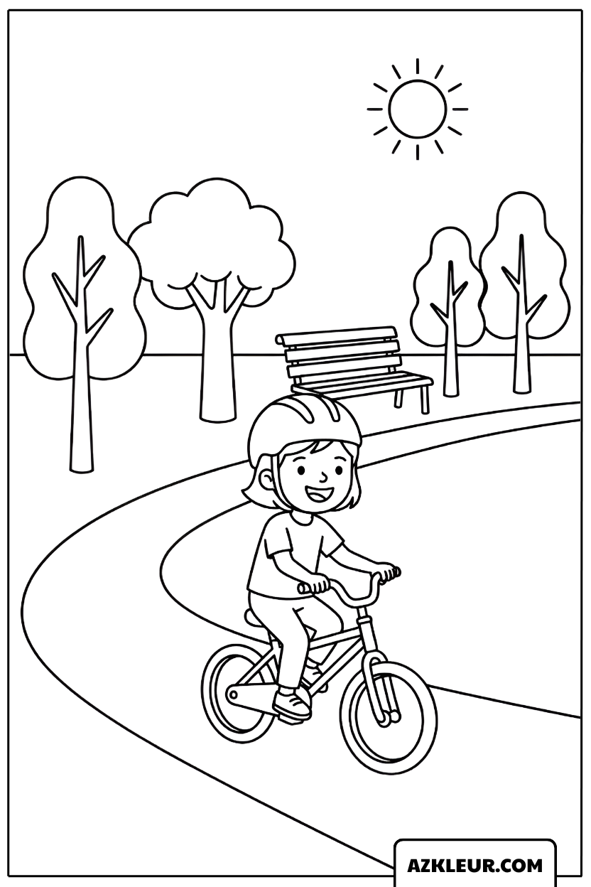 Meisje fietst door het groene park Kleurplaat