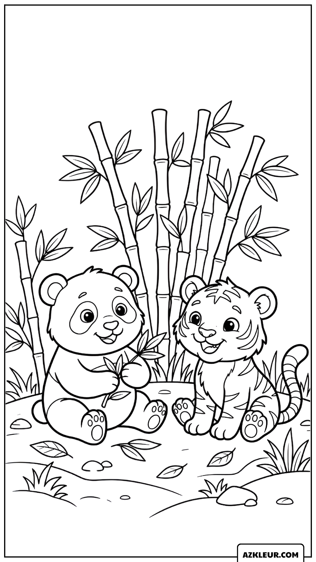Panda en Tijgerwelp bij Bamboe Kleurplaat