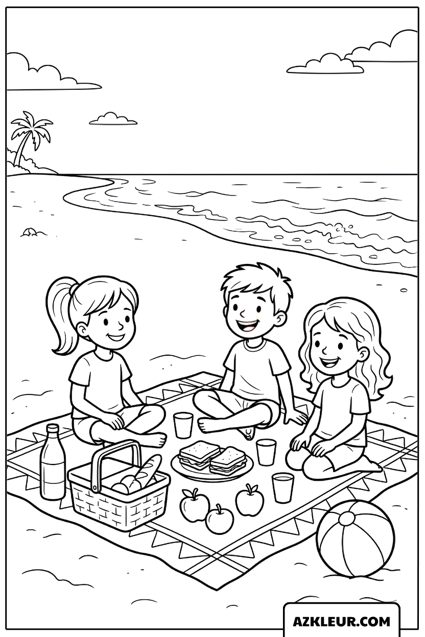 Picknick aan zee Kleurplaat