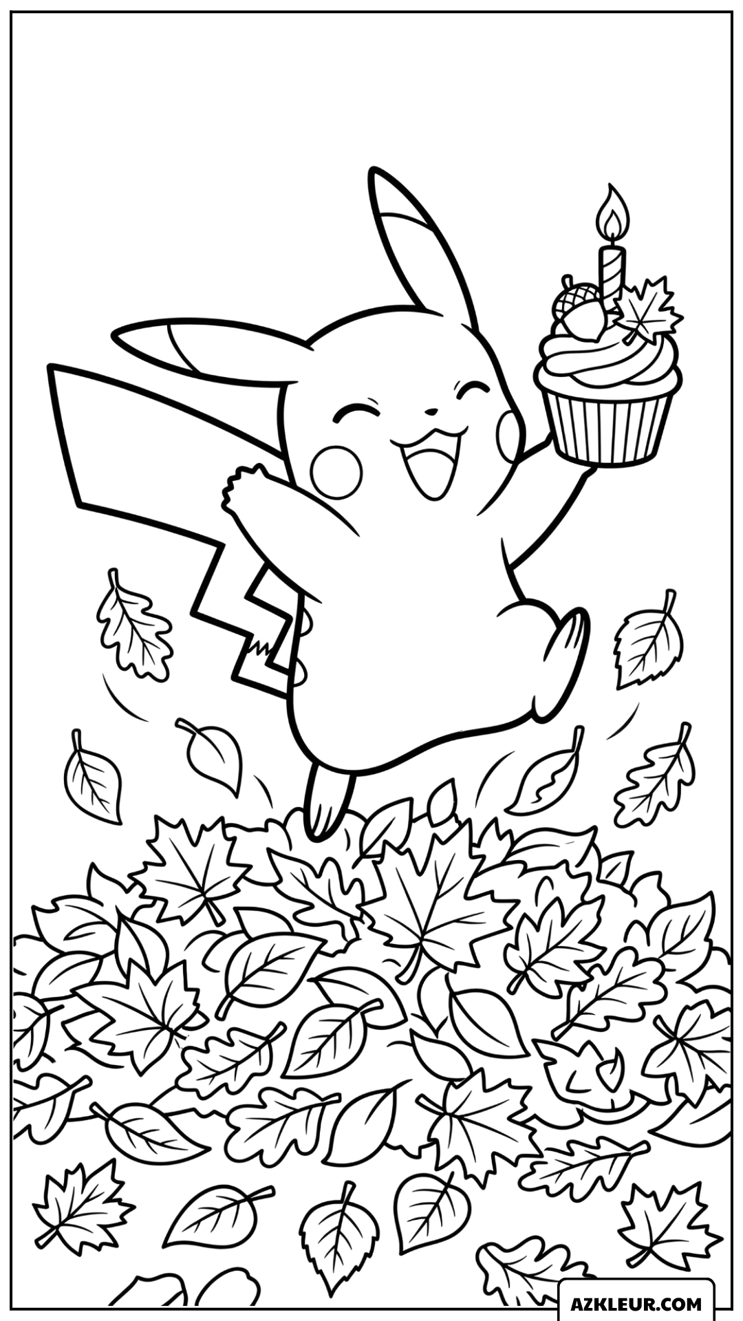 Pikachu Herfst Verjaardag Kleurplaat met cupcake
