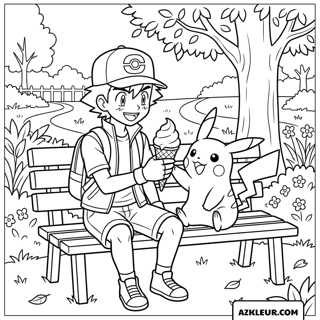 Pikachu Kleurplaat met Ash en ijsje in het park