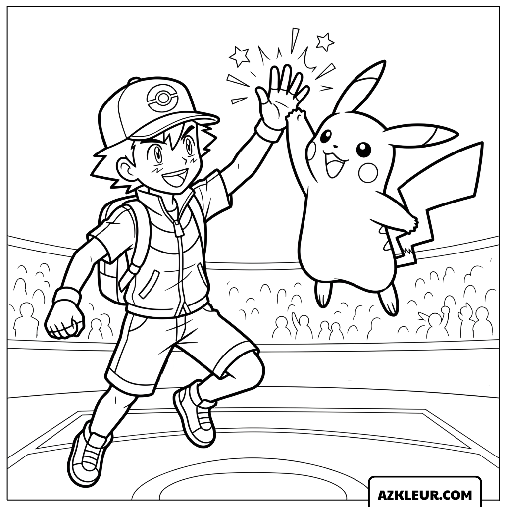 Pikachu Kleurplaat met Ash en overwinningshigh five