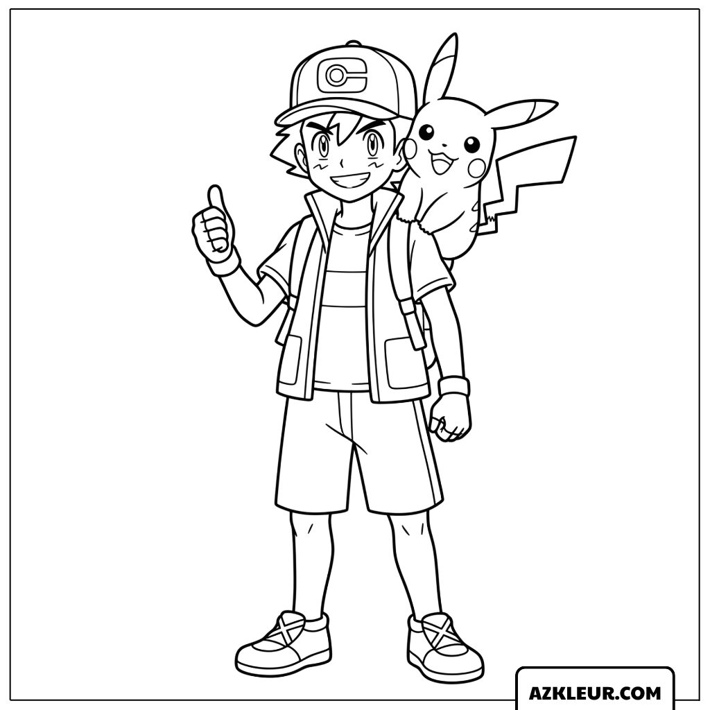 Pikachu Kleurplaat met Ash en trotse duim omhoog