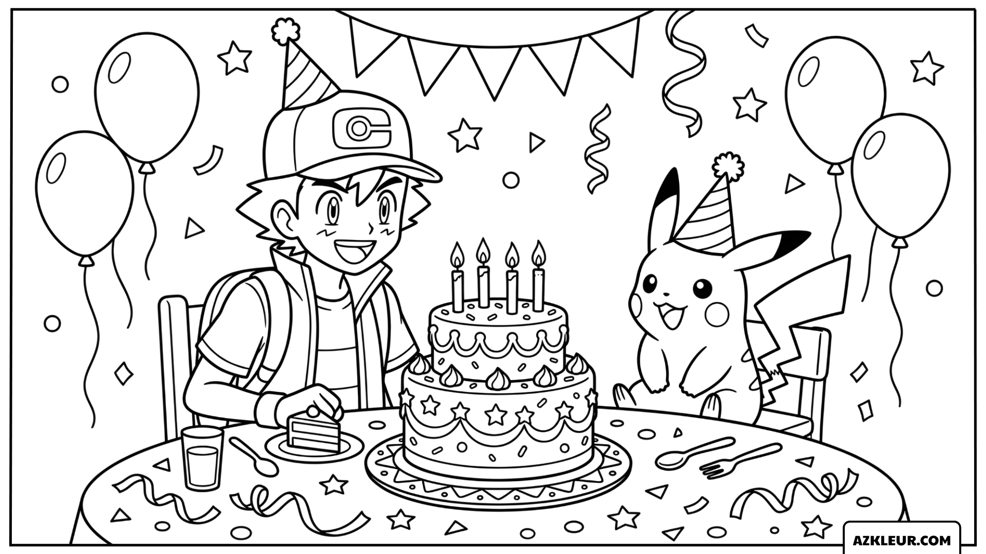 Pikachu Kleurplaat met Ash en verjaardagstaart