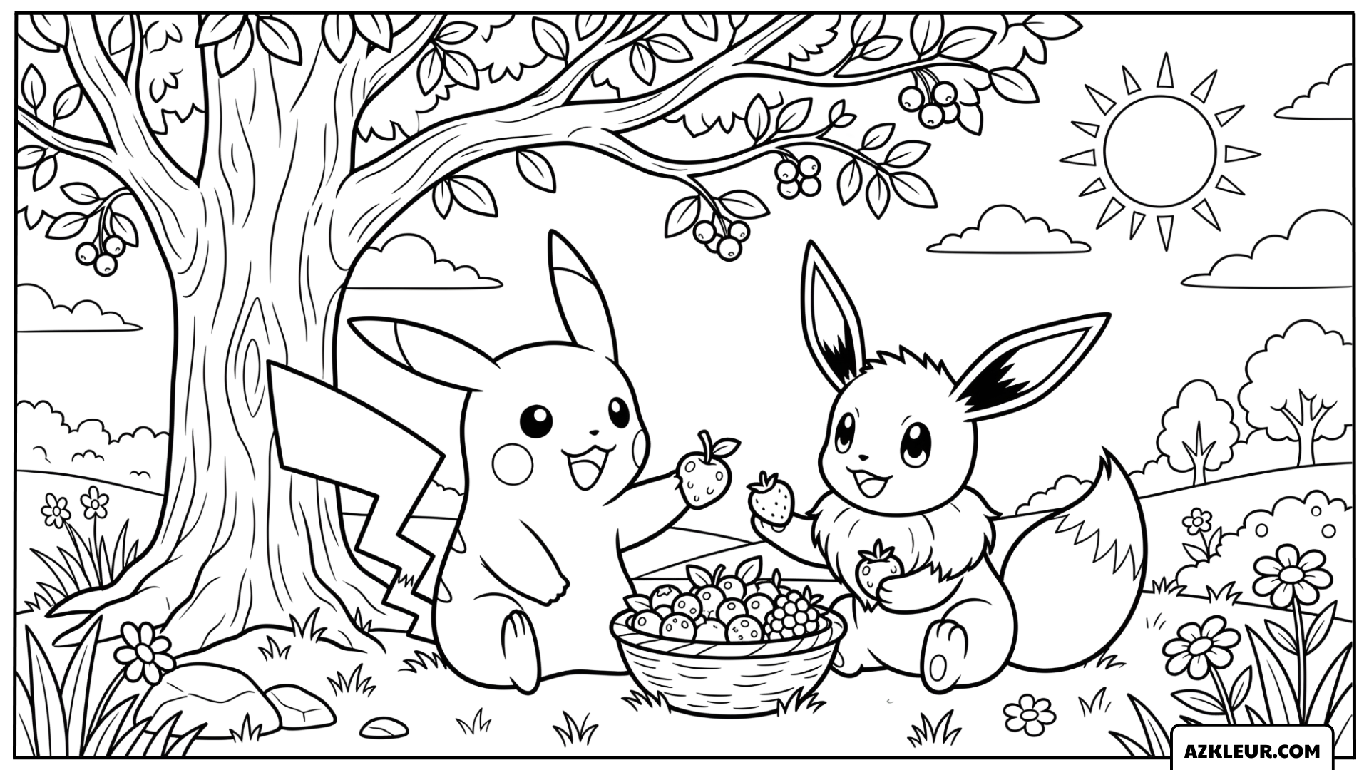 Pikachu Kleurplaat met Eevee en fruitpicknick