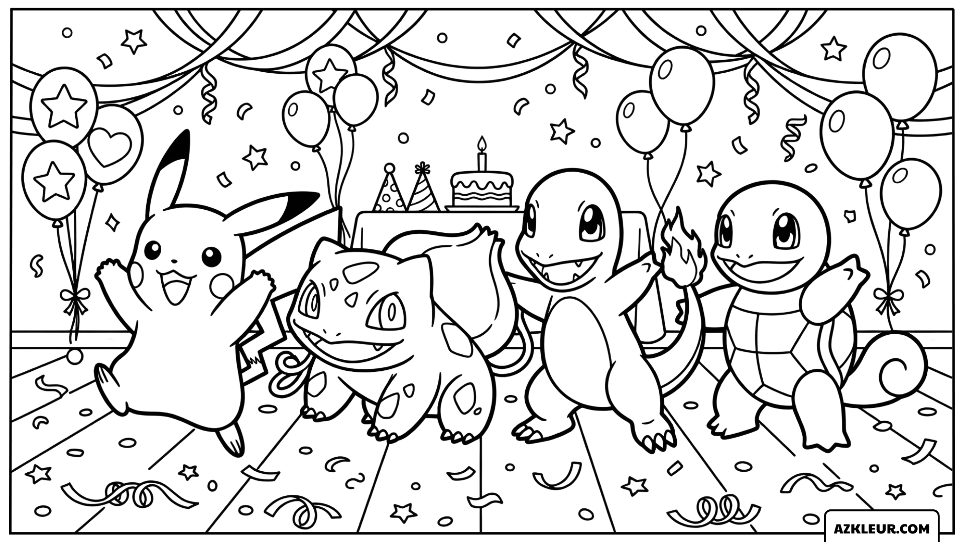 Pikachu Kleurplaat met Pokémon verjaardagsfeest