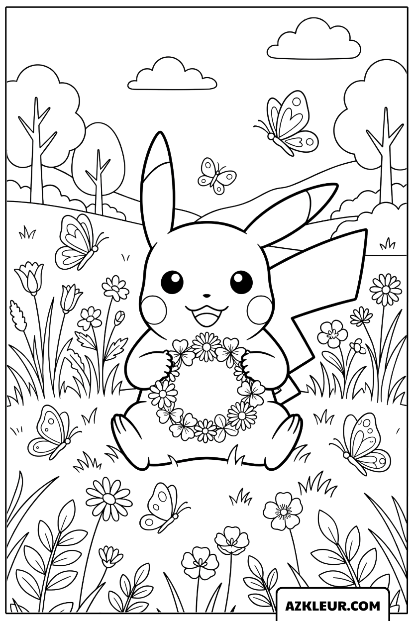 Pikachu Kleurplaat met bloemenkrans in een lentetuin