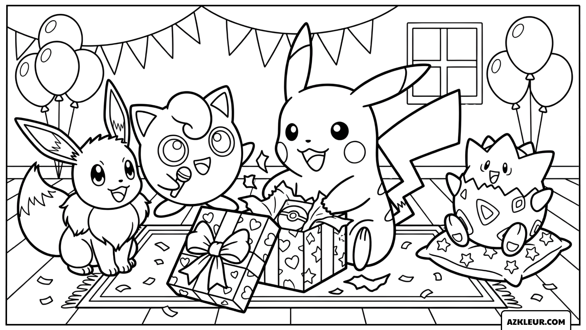 Pikachu Kleurplaat met cadeaus en feestvrienden