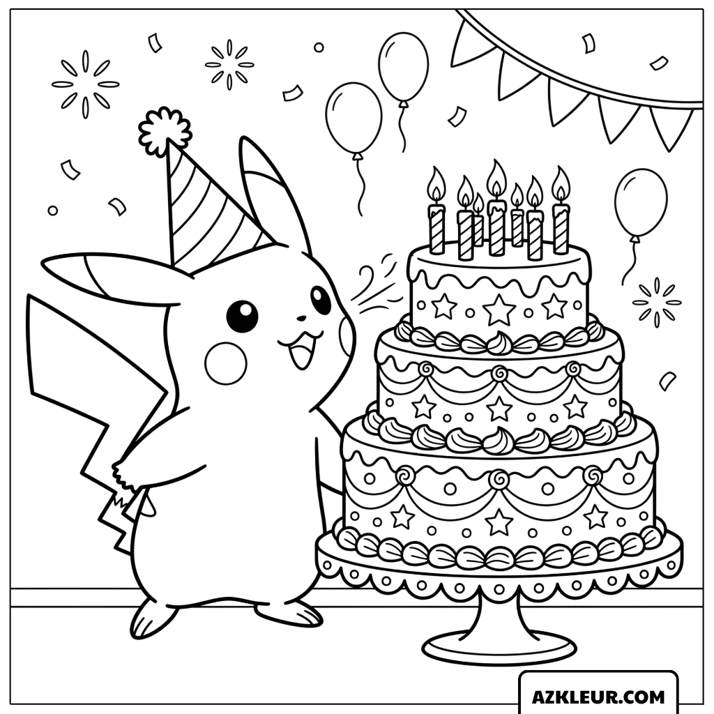 Pikachu Kleurplaat met grote verjaardagstaart