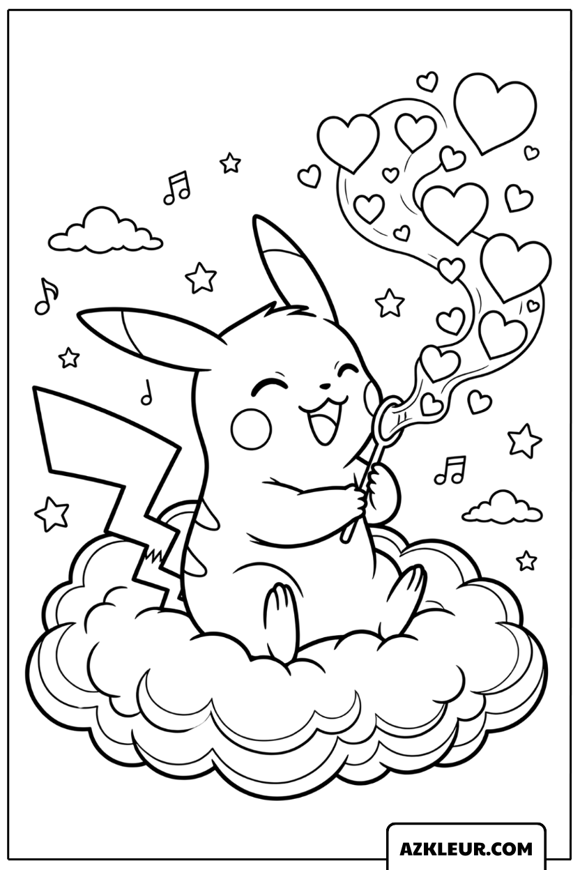 Pikachu Kleurplaat met hartjeswolken op een zachte wolk