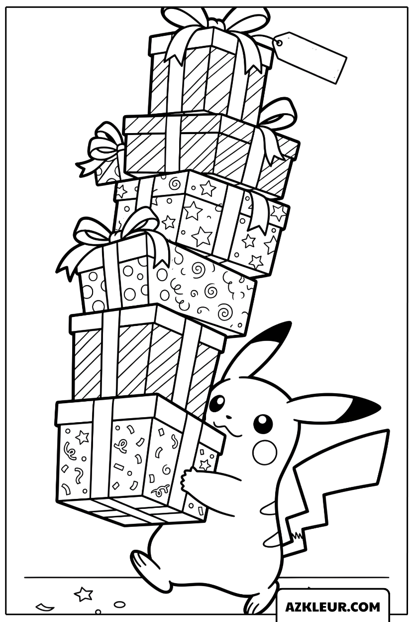 Pikachu Kleurplaat met stapel verjaardagscadeaus