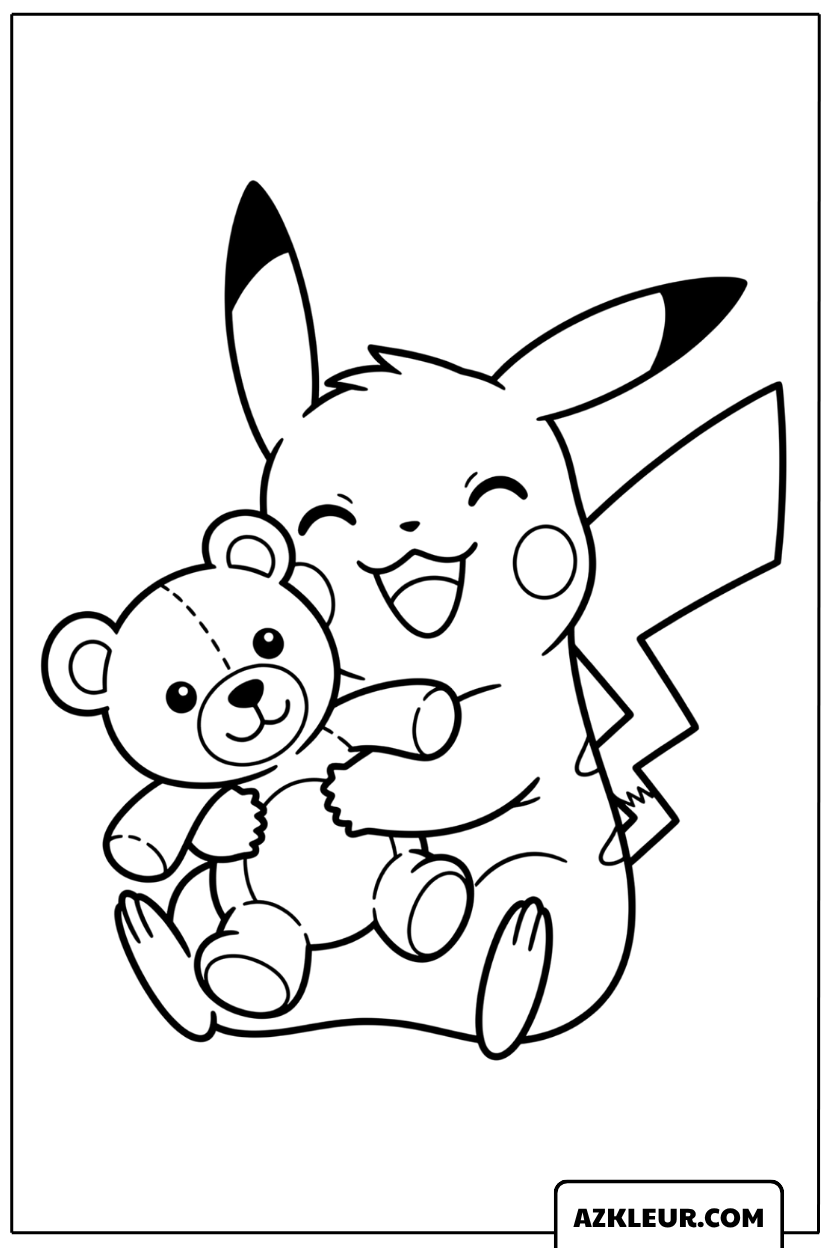 Pikachu Kleurplaat met teddybeer vol knuffels