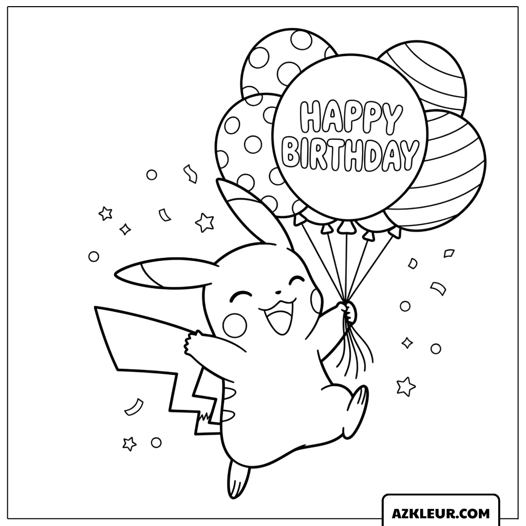 Pikachu Kleurplaat met verjaardag ballonnen
